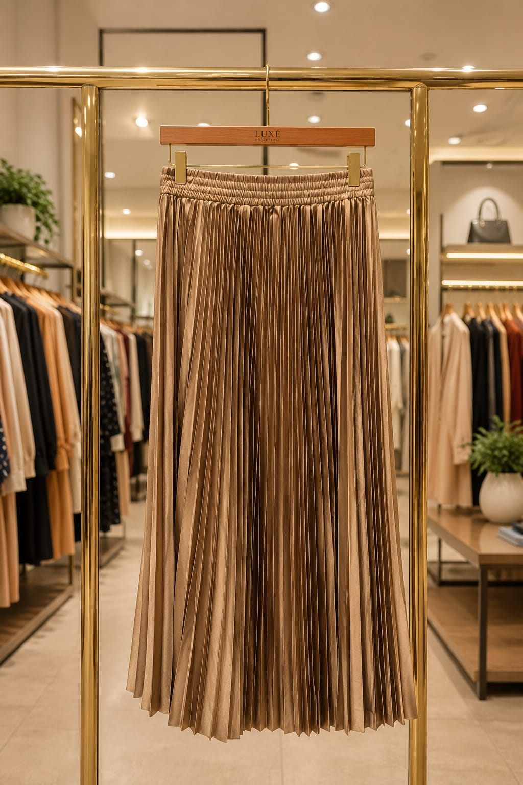 Pleated Satin Midi Skirt