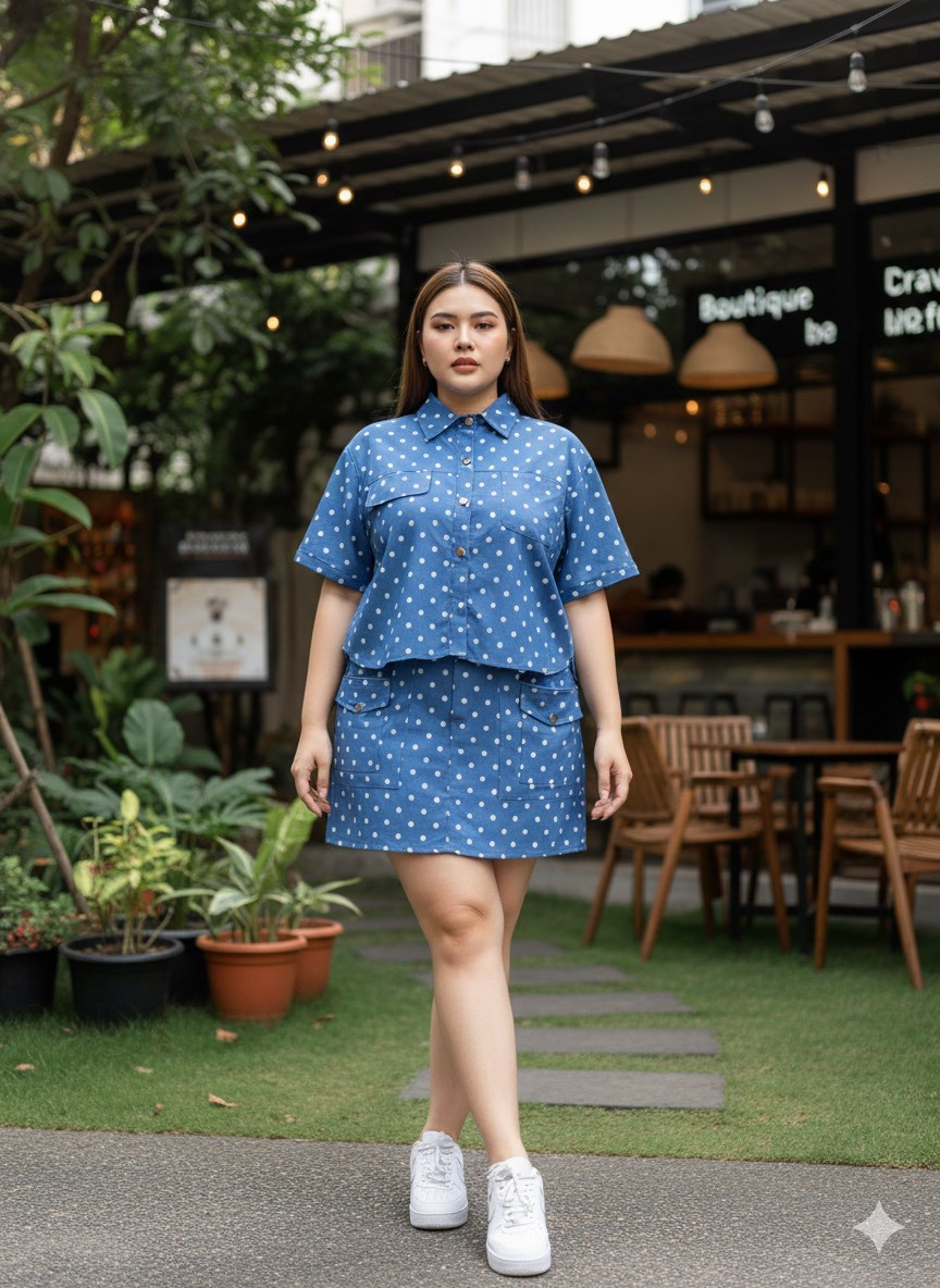 Polka Dot Denim Skirt Set