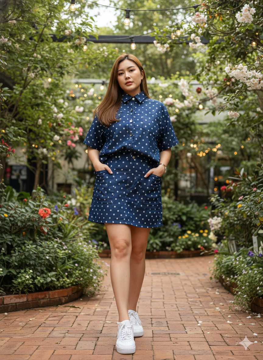 Polka Dot Denim Skirt Set